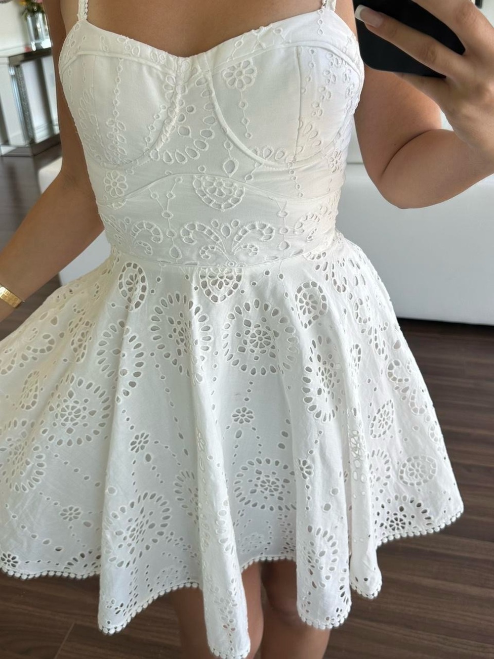 Zara White Eyelet Mini Dress with Sweetheart Neck